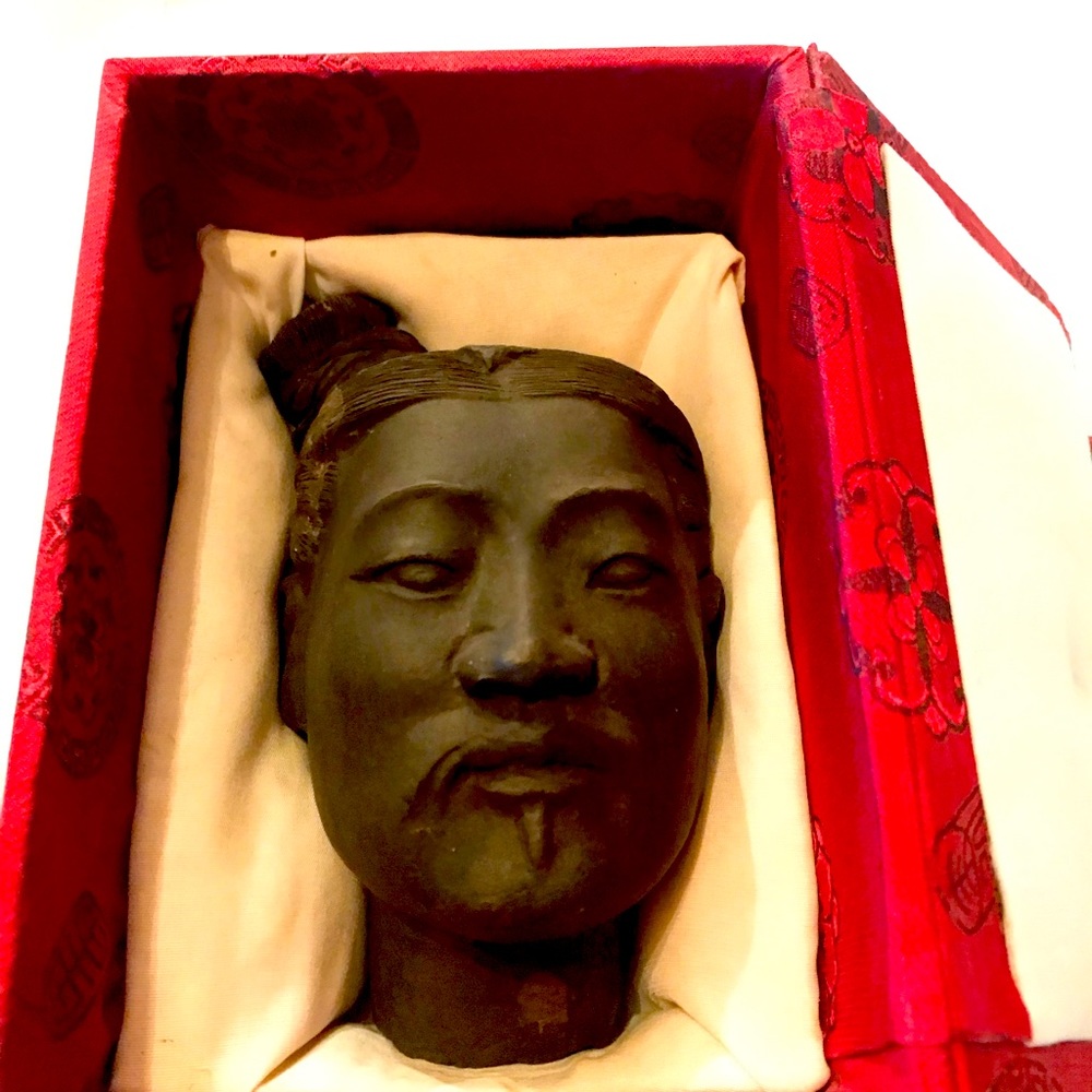Chinese terracotta head in silk box